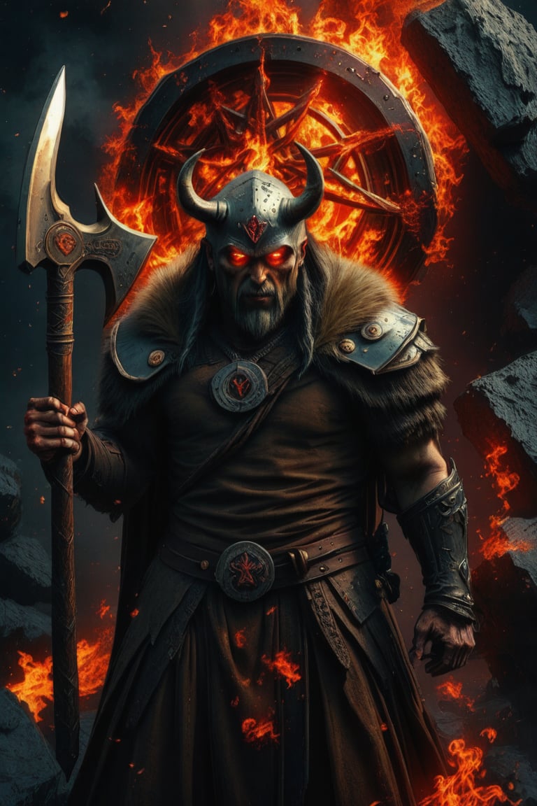 Extreme full body portrait of a infernal Viking (undead) with a golden axe, complex construction, Abstract background with chaotic intersected relief circles pattern over old black stones texture, 12K, HD, hyper detailed in burning hell, (piercing dark ruby flame eyes)+, vibrant colors, masterpiece, 12K, UHD, upperbody portrait, depth of field, 12K, HD, ultra high definition,