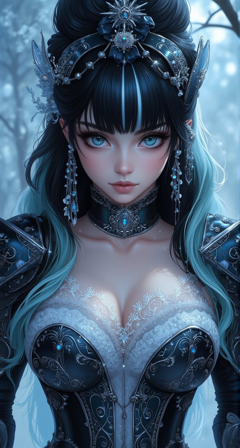 Snowflake haired female knight stands solo, donning crystal armor and flaunting long, luscious locks with subtle bangs framing her face. A sultry smile plays on her lips as she strikes a sexy pose, adorned with hair beads and an elaborate lolita hairband. Her piercing blue eyes seem to sparkle against the rich darkness of her black locks, which cascade down her back like a waterfall. The intricate costume design features a pattern of white lace dress and delicate trims, punctuated by a snowflake-shaped hair ornament dangling from the top knot. Closed lips betray no hint of a smile, while white streaks woven through her multicolored hair add an air of mystique. A choker adorns her neck, complementing the blunt bangs that sweep across her forehead. The overall effect is one of breathtaking beauty and subtle menace, as if she might summon forth a storm at any moment.