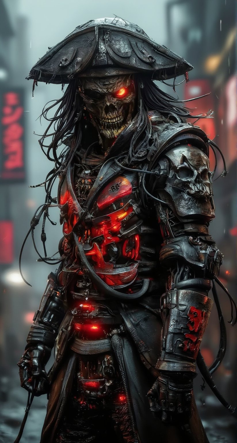 A gritty cyberpunk cityscape at sunrise, neon hues reflecting off rain-soaked streets. Extreme detailed character. Resin figure of a cyborg samurai assassin stands poised for battle, fists clenched beneath a wide-brimmed hat with a pirate patch covering one eye. The assassin's face is obscured by flowing long hair that whips around his skull-like features as he gazes out at the neon-drenched sunrise scene unfolding in the distance. A high-contrast motorcycle jacket emblazoned with glowing Japanese writing hums with energy, while wires and nano-tech implants snake across his shoulders. Dark attire stands out against a simple, dark grey and bleached white background, as a skull-adorned jacket sleeve serves as a gruesome reminder of his deadly profession.