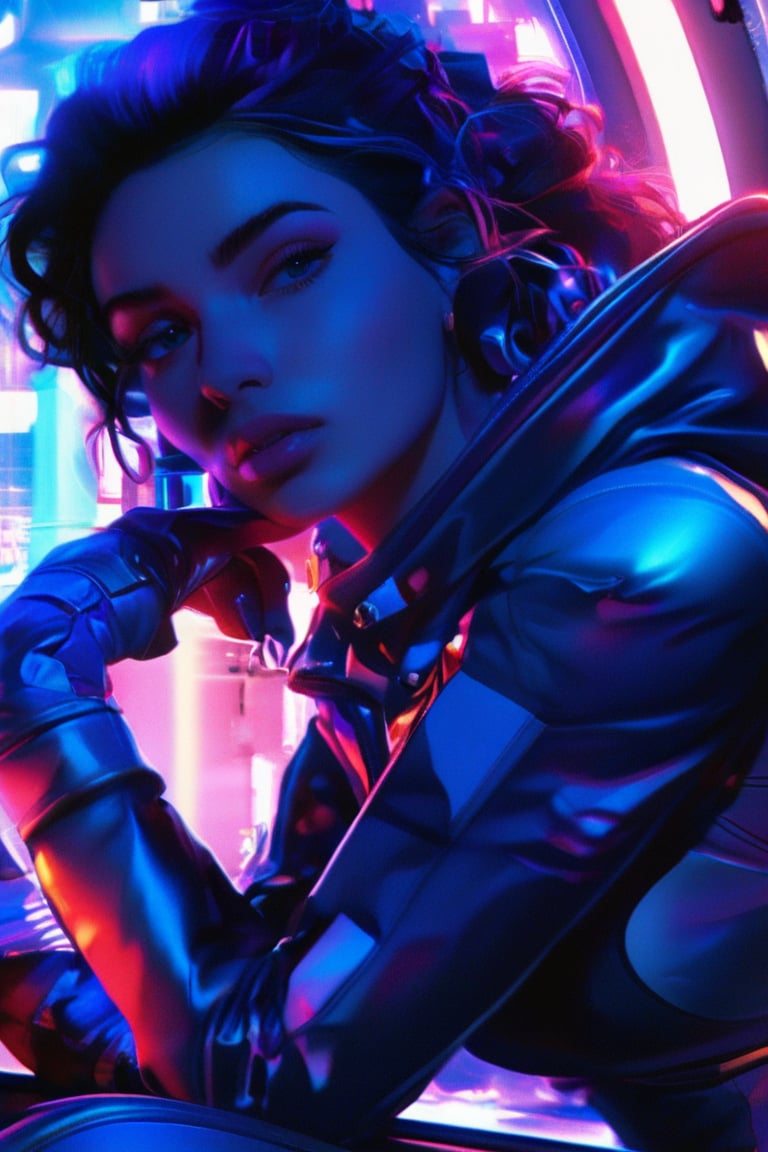 by Loish, Leyendecker, James Gilleard, beautiful woman, leaning back, cute face, anatomically correct, (sexy and aesthetic), (cybernetic, cyborg:0.3), color pallete, retro futuristic, space ship interior background, cyberpunk.