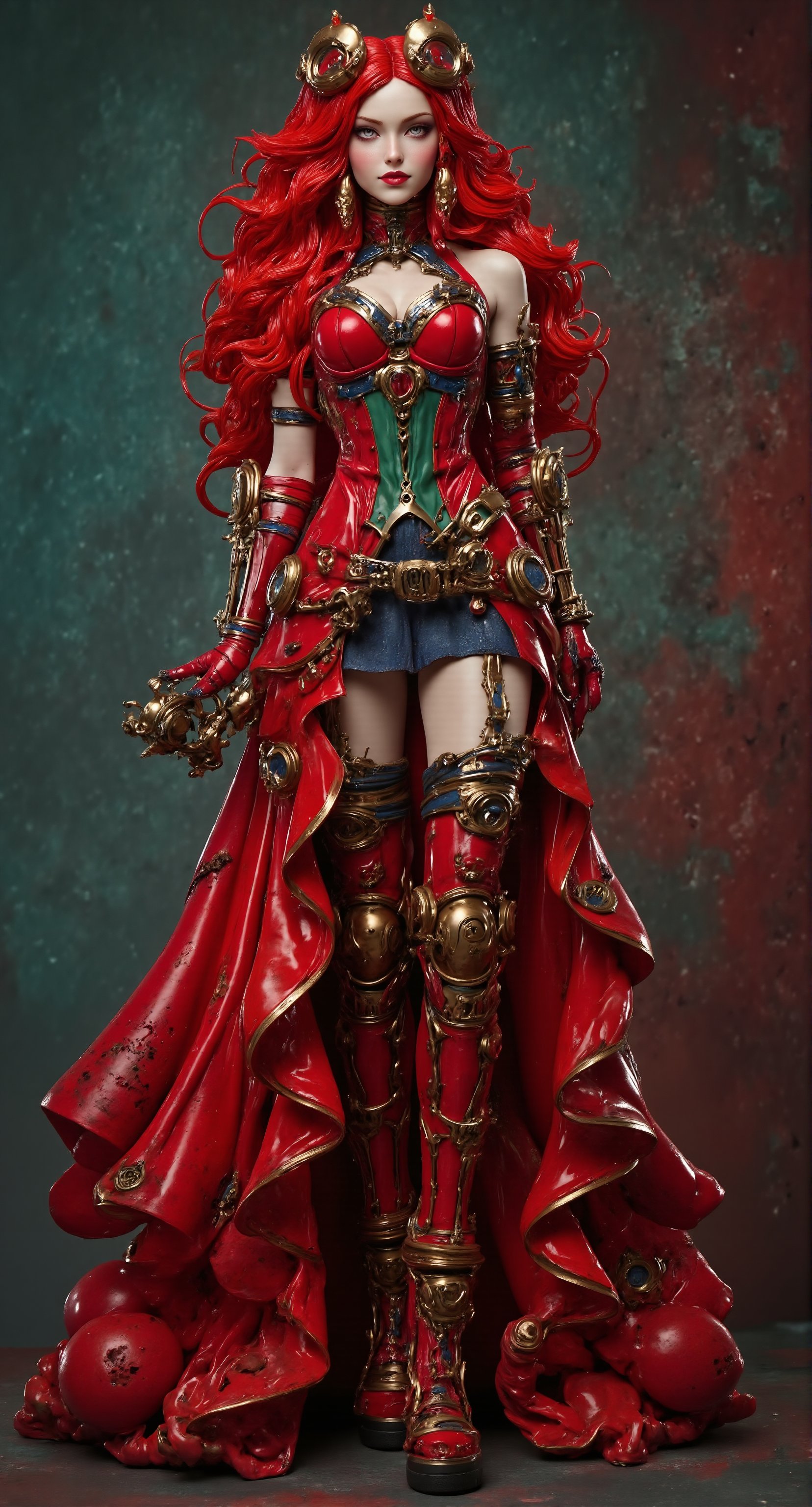 The beautiful model resin depicts a very beautiful red-haired woman dressed as the Queen of Love, blending regal elegance with steampunk and cybernetic elements. She wears a striking red dress with a green corset that emphasizes her waist, paired with a short blue skirt that adds a playful touch. The outfit is adorned with steampunk accessories—gears, goggles, and metallic details—integrated with cybernetic enhancements that give her a futuristic edge. The background is textured with complementary colors of red, green, and blue, creating a vibrant and dynamic atmosphere that highlights her commanding presence.