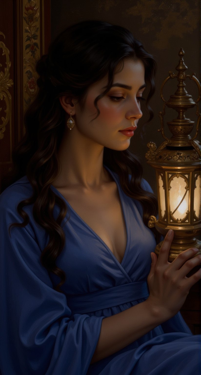 In a serene, dimly lit chamber, a ravishing woman with porcelain skin and raven tresses sits amidst. Her delicate features are illuminated by the soft glow of a lantern, as if anointed by the divine. The ultra-fine brushstrokes of deep ultramarine oil paint dance across her face, capturing every nuance of her beauty. In the background, intricate lacquerwork adorns the walls, its subtle sheen adding depth to the overall composition. The subject's gaze is cast downward, as if lost in thought, amidst the swirling vortex of artistic expression. illustration, oil painting