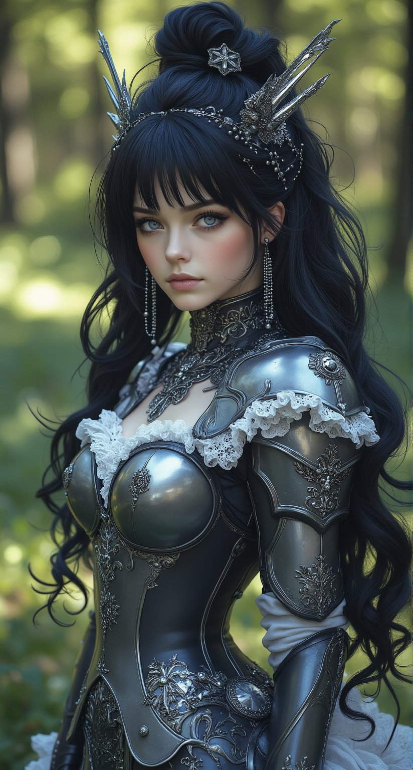 A majestic snowflake haired female knight stands solo in a sun-dappled forest glade, donning crystal armor and flaunting long, luscious locks with subtle bangs framing her face. She strikes a sexy pose, adorned with hair beads and an elaborate lolita hairband, as piercing blue eyes seem to sparkle against the rich darkness of her black locks. The intricate costume design features a pattern of white lace dress and delicate trims, punctuated by a snowflake-shaped hair ornament dangling from the top knot.