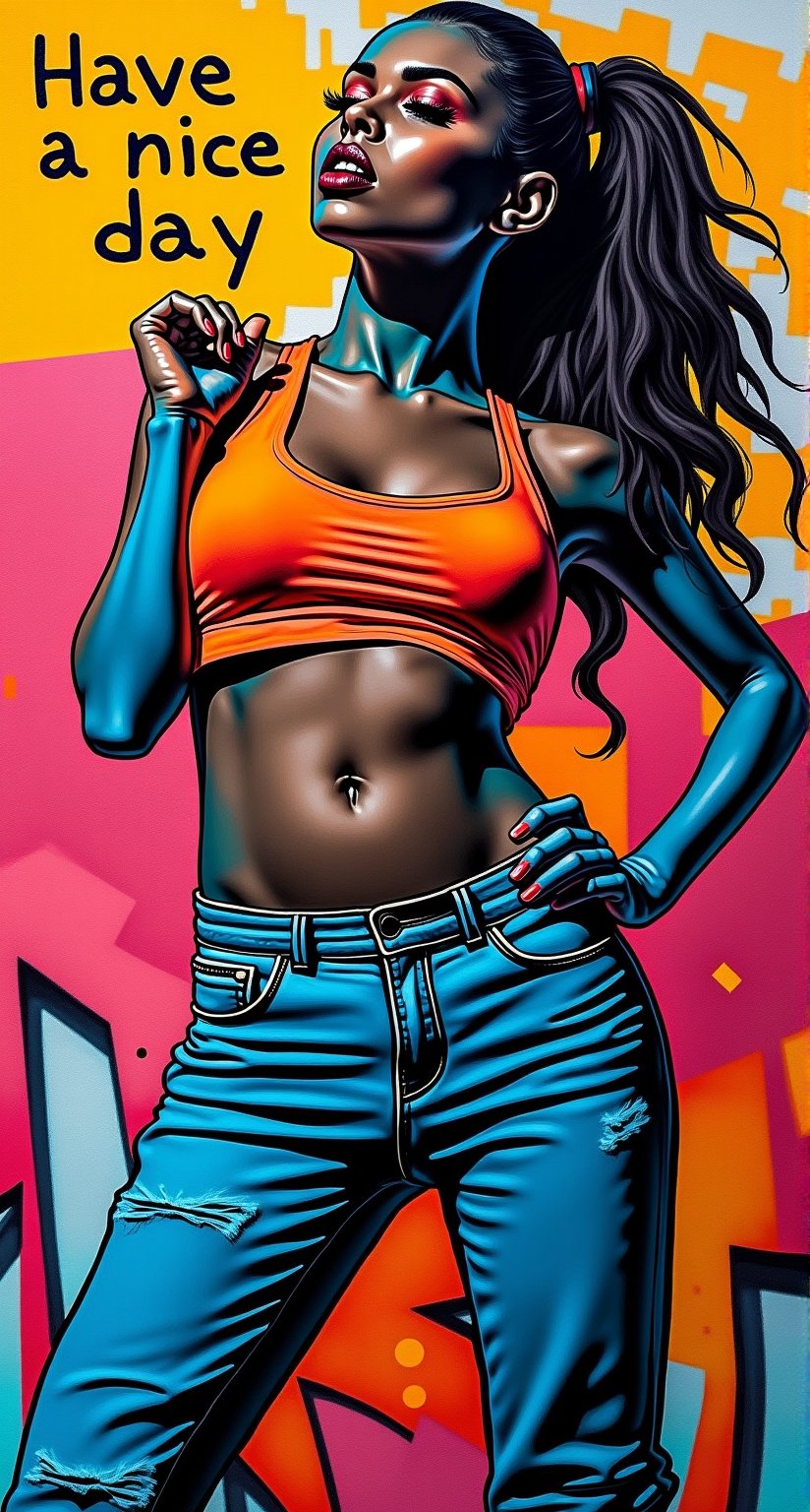 A stunning woman with papery skin serves as a canvas for graffiti art, 'GraffitiStyle' in high-contrast colors against a bold backdrop. She poses with confident flair, embodying the aesthetic of 2000s hip hop culture. The inscription on the wall "Have a nice day". Sharp contours highlight her features amidst vibrant hues, reminiscent of renowned street artists like Banksy or Jean-Michel Basquiat.