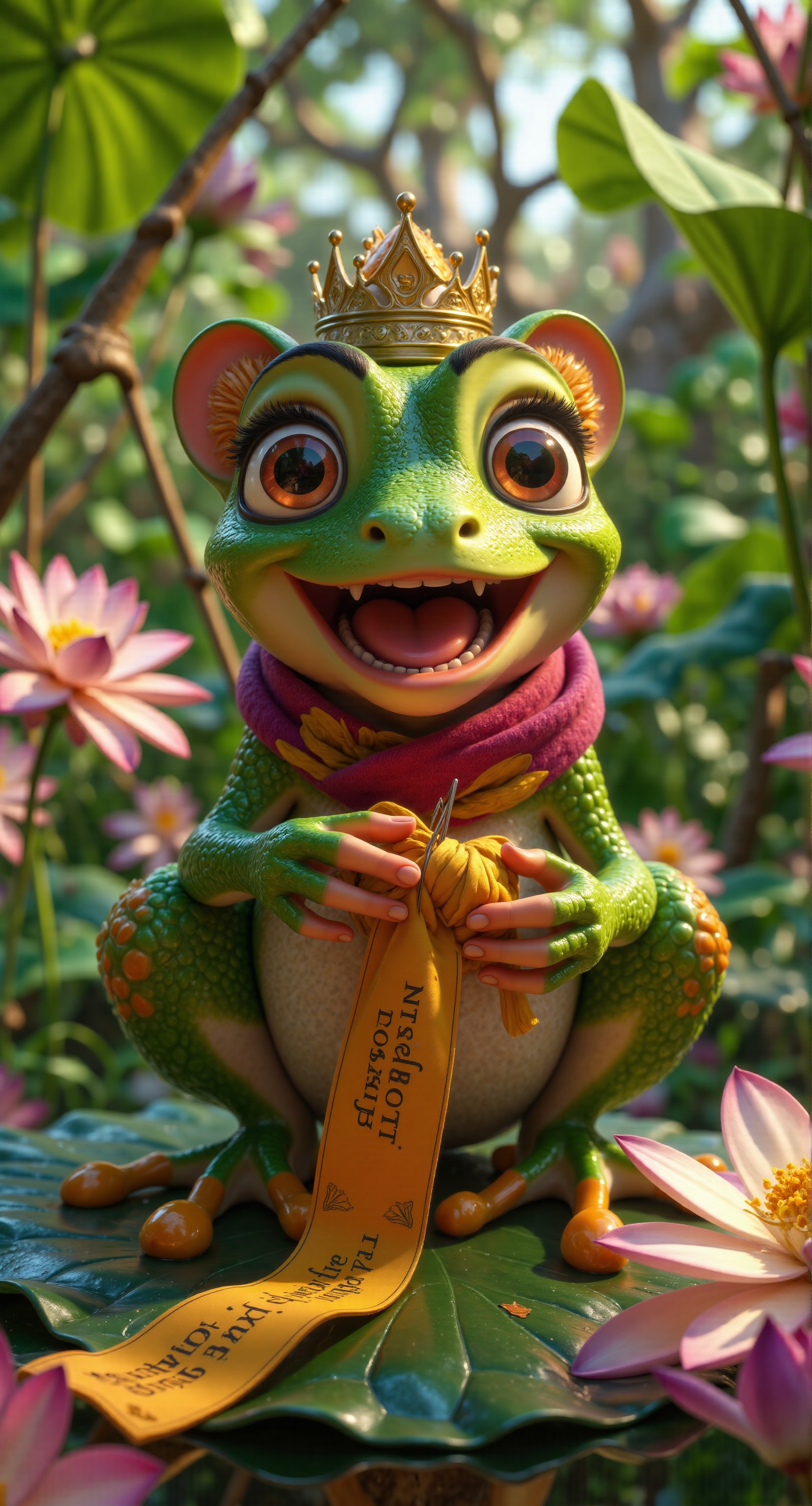 Meme, A 3d cartoon style frog sexy pose on a lotus leaf, knitting a silk scarf with needles and crown. Luxury makeup on her face, The frog's expression is joyful and focused, with its tiny hands carefully working on the scarf. Surrounding it are blooming lotus flowers, adding soft pinks and whites to the vibrant green setting. The scene is whimsical and enchanting, with the frog's scarf growing longer as it knits, creating a charming, magical atmosphere. There is a label on the leaf with the inscription "Don't stop creating" on it.