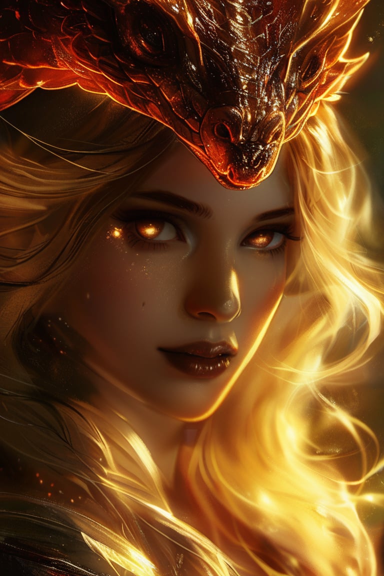 Golden light casts an intimate glow on the woman's piercing gaze, as wispy strands of blond hair dance across her forehead. The delicate threads of her gilded gown seem to be woven into the very fabric of her eye, mirroring the mesmerizing scales of a majestic ruby dragon that appears to be emerging from the shadows.