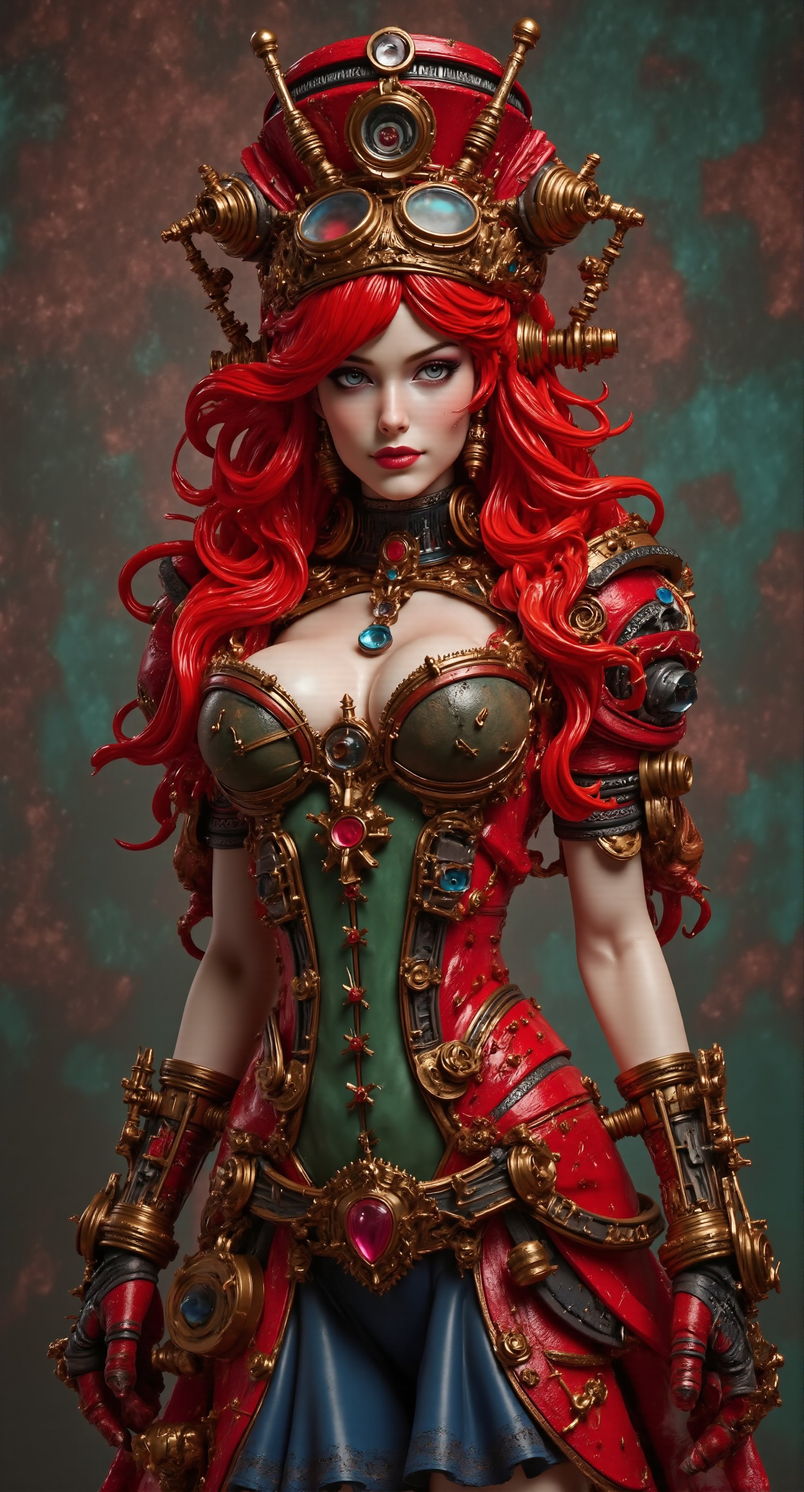 The beautiful model resin depicts a very beautiful red-haired woman dressed as the Queen of Love, blending regal elegance with steampunk and cybernetic elements. She wears a striking red dress with a green corset that emphasizes her waist, paired with a short blue skirt that adds a playful touch. The outfit is adorned with steampunk accessories—gears, goggles, and metallic details—integrated with cybernetic enhancements that give her a futuristic edge. The background is textured with complementary colors of red, green, and blue, creating a vibrant and dynamic atmosphere that highlights her commanding presence.