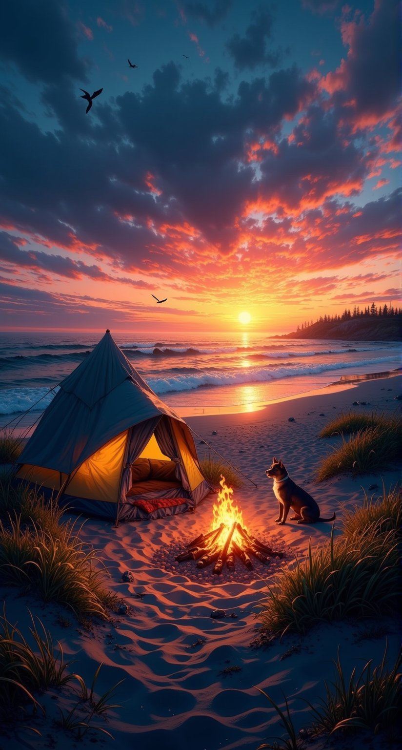 A breathtaking 4K  wallpaper unfolds: Tourist tent, pretty dog, nestles beside a crackling campfire on a tranquil beach at sunset. Warm flames dance across the smooth sand as the sky transforms into a kaleidoscope of orange, pink, and purple hues. Gentle waves caress the shoreline, mirroring the vibrant colors above. Tall grasses whisper in the evening breeze, their gentle sway harmonizing with the lapping surf. Seabirds glide effortlessly across the sky, adding to the serene atmosphere. The only sounds are the campfire's crackle and the soothing melody of the waves. A sense of quiet reflection and timeless beauty permeates the scene, inviting viewers to weave their own stories around this nostalgic moment.