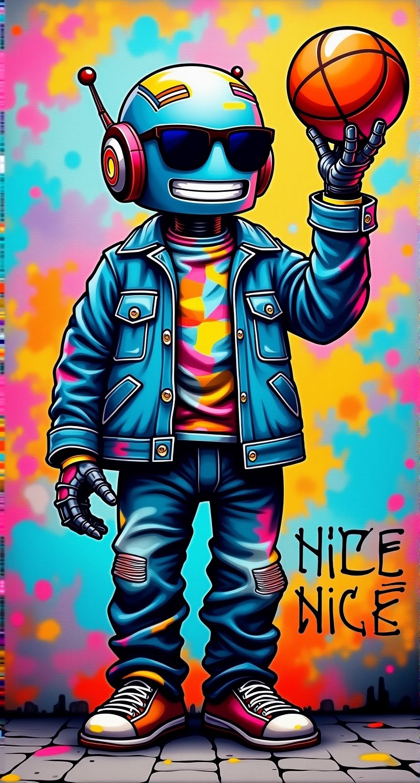 Vibrant graffiti canvas on the wall, a kaleidoscope of colors and anthropomorphic robot stands confidently, wearing a denim jeans jacket and black sunglasses, holding an orange basketball aloft. Sharp contours define its features amidst a riotous mix of hues. In the background, the cheeky phrase Have a nice day scrawls across the wall in playful street art style, as if the robot is embracing 2000s hip hop culture with infectious enthusiasm.