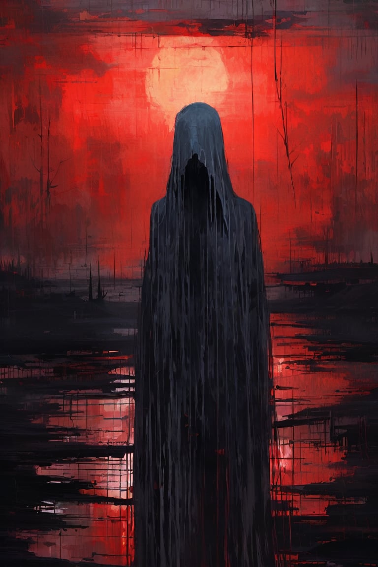 A solitary figure, shrouded in darkness, stands amidst a desolate landscape. Broad brush strokes of dark scarlet and sepia hues dominate the scene, as if painted by the eerie light of chemiluminescence. The subject's face, illuminated only by faint rays of luminescent glow, conveys desperation and loneliness. Minimalist composition focuses attention on the figure, as if she's the last beacon in a world consumed by shadows. Ray tracing details add depth to the bleak atmosphere, reminiscent of Stephen Gammell's haunting illustrations.