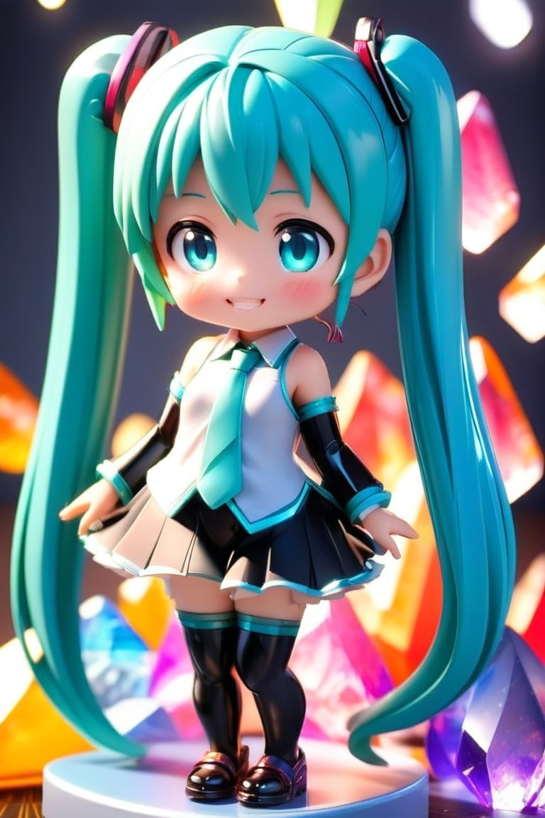 score_9_up, score_8_up, score_7_up, 3D, upper_body, mini figure of a petite Hatsune Miku, It stands on a stand. Background with many multicolor crystals. facing_viewer, fully_clothed, PVC, anime, Anime Style.,