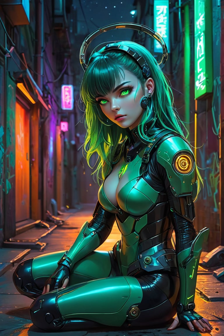 In a stunning masterpiece of high-quality art, a solo female cyberskullai stand in an alley bathed in rim lighting (1.2) with a mesmerizing green hair styled in absurdly long strands (1.1) that flow straight down her back like a river of emerald silk. Look at the viewer. Her emerald eyes seem to pierce through the night as she sports a mechanical face mask, adorned with neon trim, and a sleek headpiece that complements her skin-tight armor. From above, her gaze meets ours, her expression a perfect blend of annoyance and curiosity, as if daring us to come closer. Her bangs frame her cyberskullai visage, while her raised eyebrow adds a touch of sassiness to her wide-eyed stare. As she turns her head back towards the viewer, her neon-lit surroundings seem to pulse in harmony with her mechanical limbs, which rest on her knees in a playful slav squat (1.4). The night sky above glows bright, casting an otherworldly ambiance over this science fiction-inspired scene, complete with vibrant graffiti adorning the alley walls.,cyberpunk