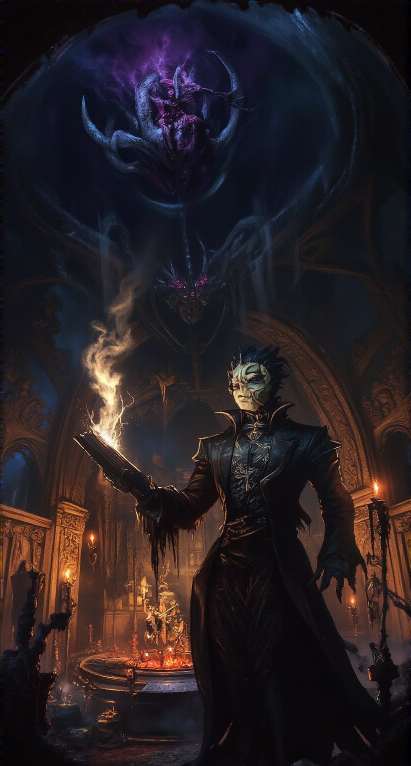 A dimly lit chamber, thick with the scent of decay and forbidden magic, sets the eerie tone for this ominous scene. The corrupted necromancer stands tall, his hands grasping an ancient tome as he unleashes a powerful spell. His eyes glow with an otherworldly energy, casting an unearthly light on the surroundings. The darkness writhes like living shadows around him, as if trying to consume him whole. In the background, candles flicker, casting an eerie glow on the walls. Suddenly, a terrifying demon begins to emerge from the swirling vortex, its twisted form illuminated only by the faint candlelight.