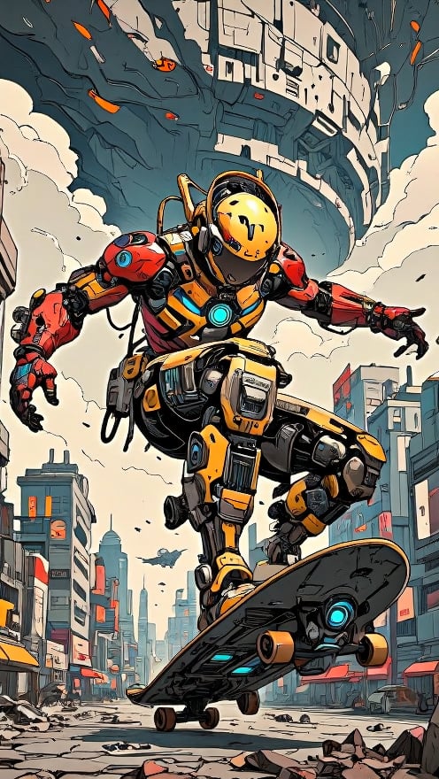 Masterpiece, professional, award-winning, intricate details, ultra high detailed, 64k, volumetric light, dynamic lighting, Movie Aesthetic, action shot, comic book panels by Travis Charest and Phil Noto (colored). In the heart of a ravaged metropolis, a cyborg skateboarder clad in gleaming yellow and red metall armor, 'Ares-X', emerges from a plume of smoke and flames. The board's chassis twists like a metallic DNA helix, with glowing blue circuits pulsing beneath its surface. A tangle of razor-sharp wires and gears churns like a maddening dynamo, as if the very fabric of reality is being rewritten. Amidst this maelstrom, Ares-X assumes a pose reminiscent of a mythical creature, frozen in mid-air as if defying gravity's laws. The cityscape behind him dissolves into a kaleidoscope of fractured architecture and burning debris, while the sky above darkens like a vortex, threatening to consume everything.