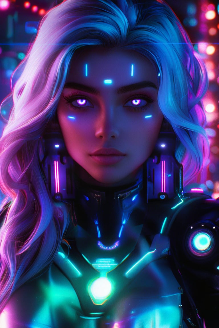 beautiful pale cyberpunk female, hyper detail, cinematic lighting, purple hair, emerald neon light city, 4k, trending on artstation, pixiv, perfect detail,  Artstation illustrators, intricate details, face, passion smile, full body portrait, headshot, illustration, UHD, 4K, high resolution face, detailed face, high definition eyes, detailed eyes,cyberpunk style, cute face, anatomically correct, (sexy and aesthetic), (cybernetic, cyborg), color pallete, retro futuristic, space ship interior background, cyberpunk.