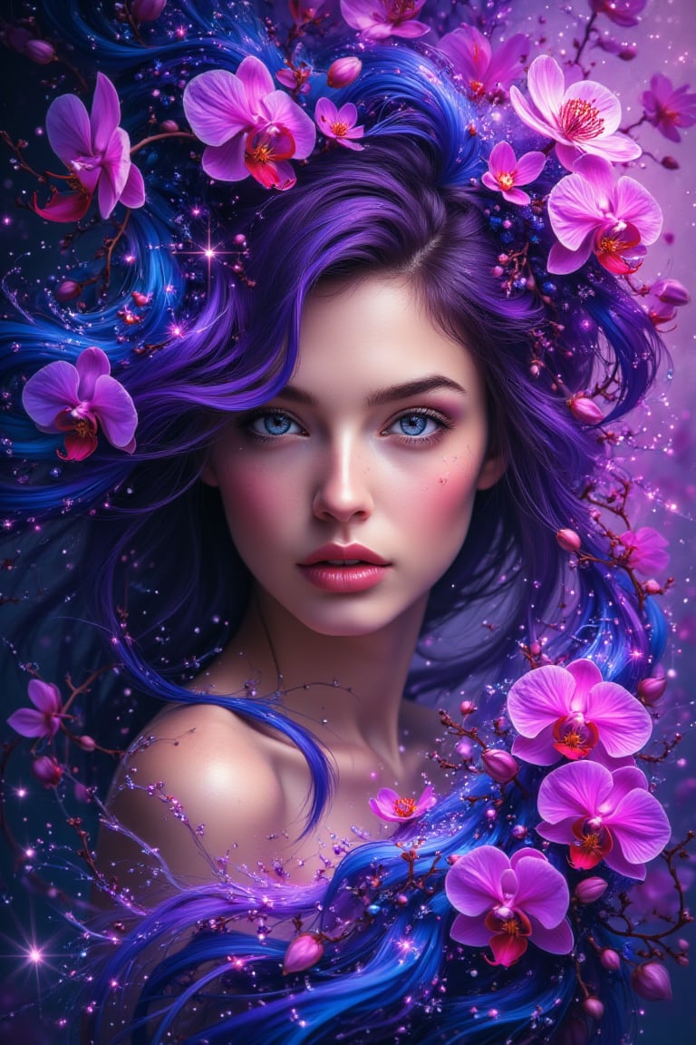 A mesmerizing portrait of a stunning girl with vibrant purple hair and piercing ruby eyes, her full figure radiating confidence as she gazes directly at the viewer from amidst a swirling vortex of inky stars. The air is filled with dynamic movement, as if passion itself has taken physical form, pouring forth like ink rain. In the background, very many beautiful orchids, delicate bubbles of ink suspend, adding an air of whimsy to this masterfully crafted digital artwork, showcasing the artist's exceptional skill and attention to detail.