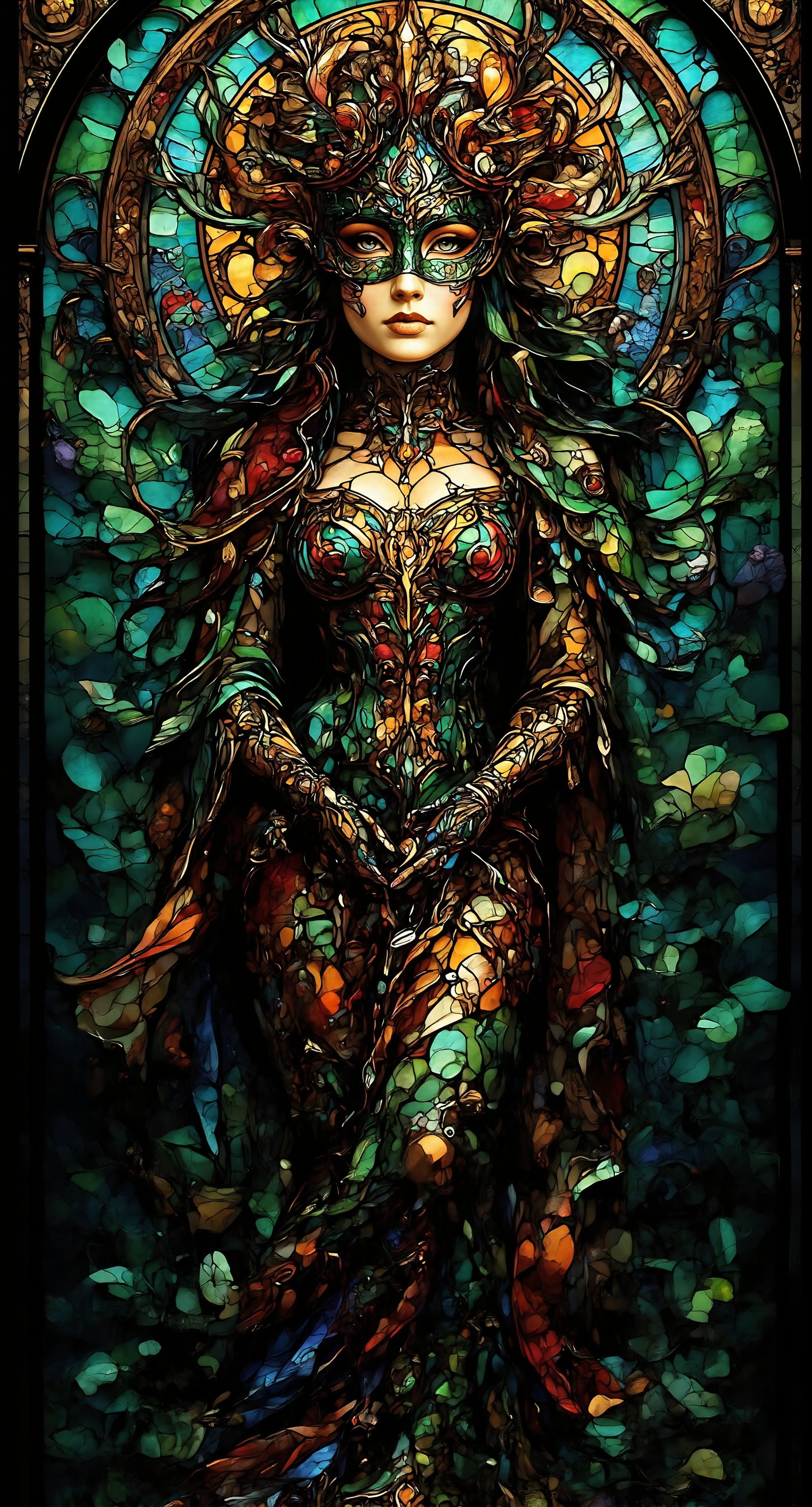 A stunning stained glass artwork featuring a mystifying gothic beauty dons a masquerade mask, her delicate features shrouded in an aura of enchantment. Framing her ethereal visage as she seems to blend with the artistic expression. Mystery and allure, while soft light whispers secrets. The colors are rich and bold, with emeralds, ultramarine, rubys and black color. The millions of mini glass fragments highlight the curves of the beautiful body. The overall effect is one of ethereal beauty.