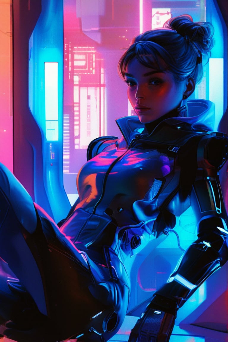 by Loish, Leyendecker, James Gilleard, beautiful woman, leaning back, cute face, anatomically correct, (sexy and aesthetic), (cybernetic, cyborg:0.3), color pallete, retro futuristic, space ship interior background, cyberpunk.