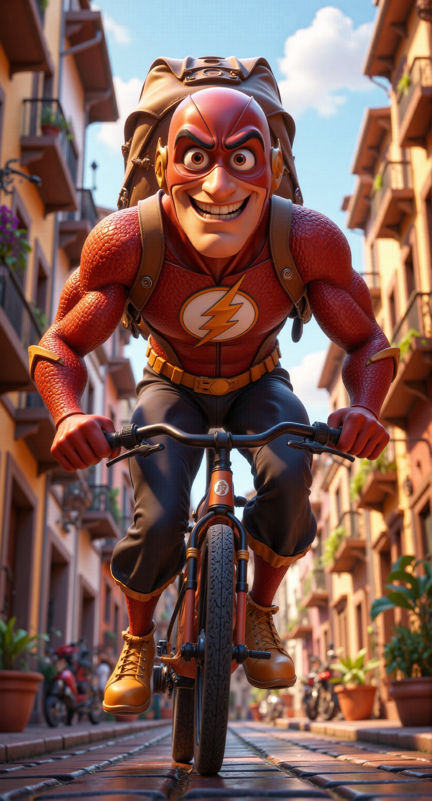 Meme, A 3d cartoon style, Superhero Flash is riding a bike down the street, on his back he has a large courier bag with the inscription "Aliexpress" on it.