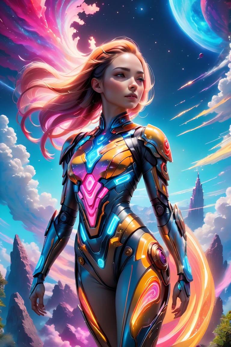 A hyper-realistic, 8K digital painting: A cyborg warrior stands confidently on bioluminescent terrain, surrounded by neon-illuminated flora and fauna. She wears a shimmering latex suit with kaleidoscopic hues, emerging from an aurora-filled sky. A rocket blasts off into the distance behind her. The air is electric with ethereal sounds as the space helm on her head refracts vibrant colors of the planet's atmosphere. Swirling clouds and radiant hues form the backdrop, with the space girl at its center.