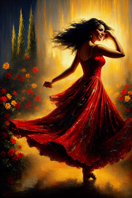 A sultry Latin dancer takes center stage under warm golden lighting. Her dark hair flows like silk as she twists and turns, her red dress shimmering like embers. The artist's brushstrokes dance across the canvas, capturing every curl of her smile and every flicker of her skirt. A dimly lit cityscape serves as a mystical backdrop, where cypress trees rise like sentinels and the moon casts an ethereal glow. Many flowers background.