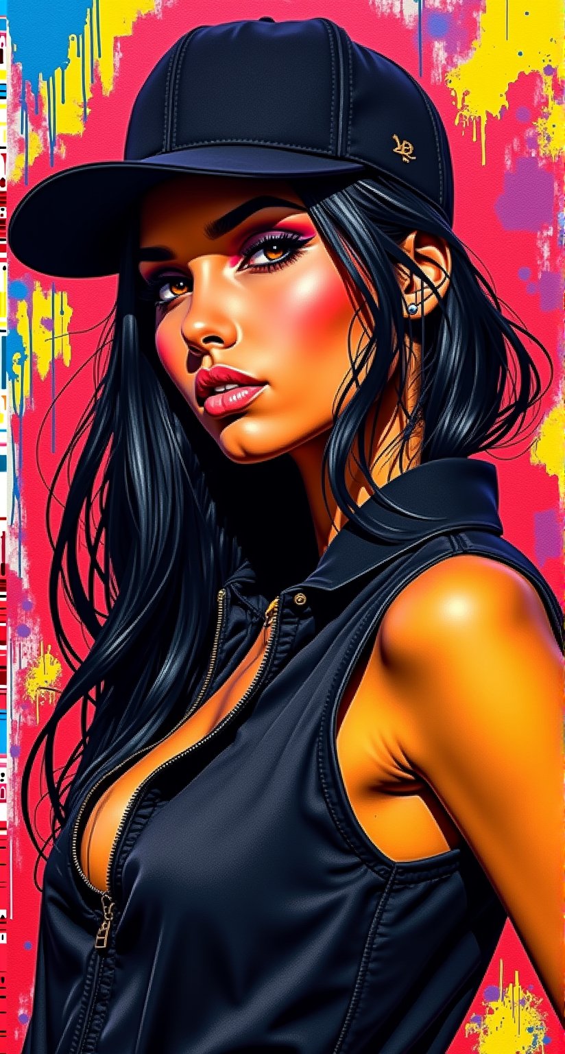 A masterpiece in 8K resolution, 'GraffitiStyle' brings hip hop to a beautiful woman's canvas-papery skin. Set against a backdrop of bold, high-contrast colors, she poses with confident flamboyance, embodying the aesthetic of a 2000s. Sharp contours accentuate her features, juxtaposing vibrant. Execution is flawless, reminiscent of renowned street artists.