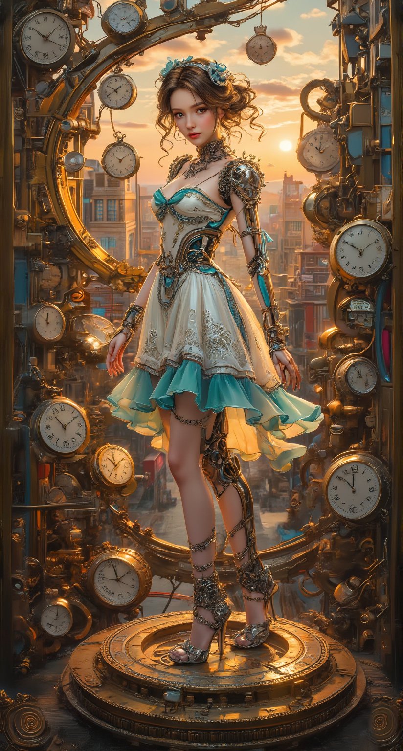 Extreme full body portrait  A stunning young woman, showcasing delicate facial expressions amidst intricate mechanisms glinting with warm golden light of sunset. Teal and silver accents adorn her robotic body, precision and beauty emanating from porcelain-like skin. Her dress, adorned with tiny clocks, flows down to chain-encrusted shoes shaped like sundials, surrounded by cityscape of gears and girders. Timepieces float around her, suspended in mid-air, adding dreamlike atmosphere to steampunk metropolis.,Resin,Color