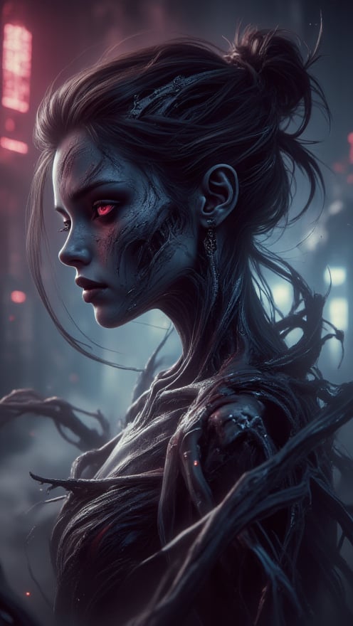 In an 8K cinematic masterpiece, a phantasmagorical woman's silhouette emerges against a haunting backdrop of black on white smoke layers, illuminated by vibrant neon lights that cast an otherworldly glow. Framed by the eerie atmosphere, her anime-inspired portrait radiates sadness and menace, with intricately detailed features that seem to burst forth from the screen. Her eyes, pools of crystal clarity, convey depths of sorrow and calculation as she appears to writhe in agony, existence a testament to the blurred lines between science fiction fantasy and darkest reality.