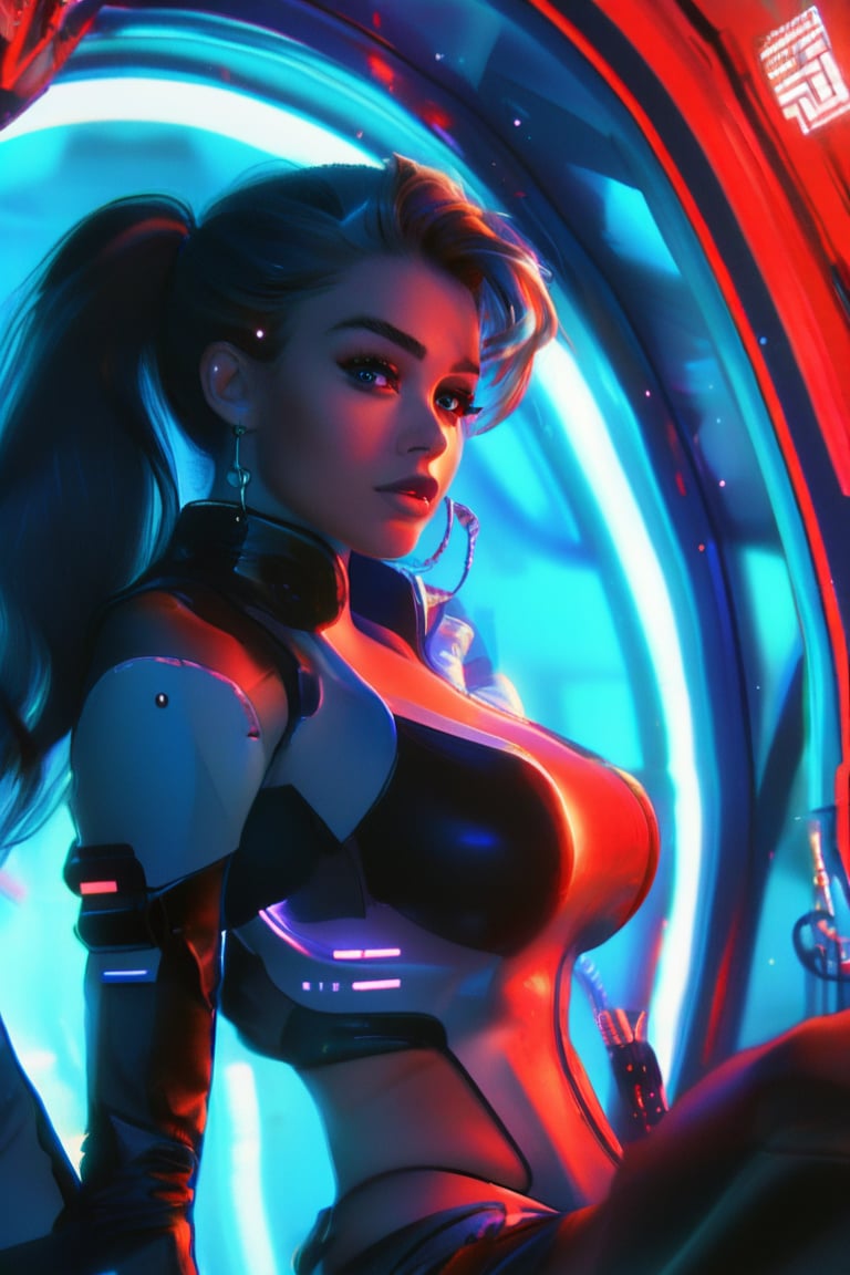 by Loish, Leyendecker, James Gilleard, beautiful woman, leaning back, cute face, anatomically correct, (sexy and aesthetic), (cybernetic, cyborg:0.3), color pallete, retro futuristic, space ship interior background, cyberpunk.