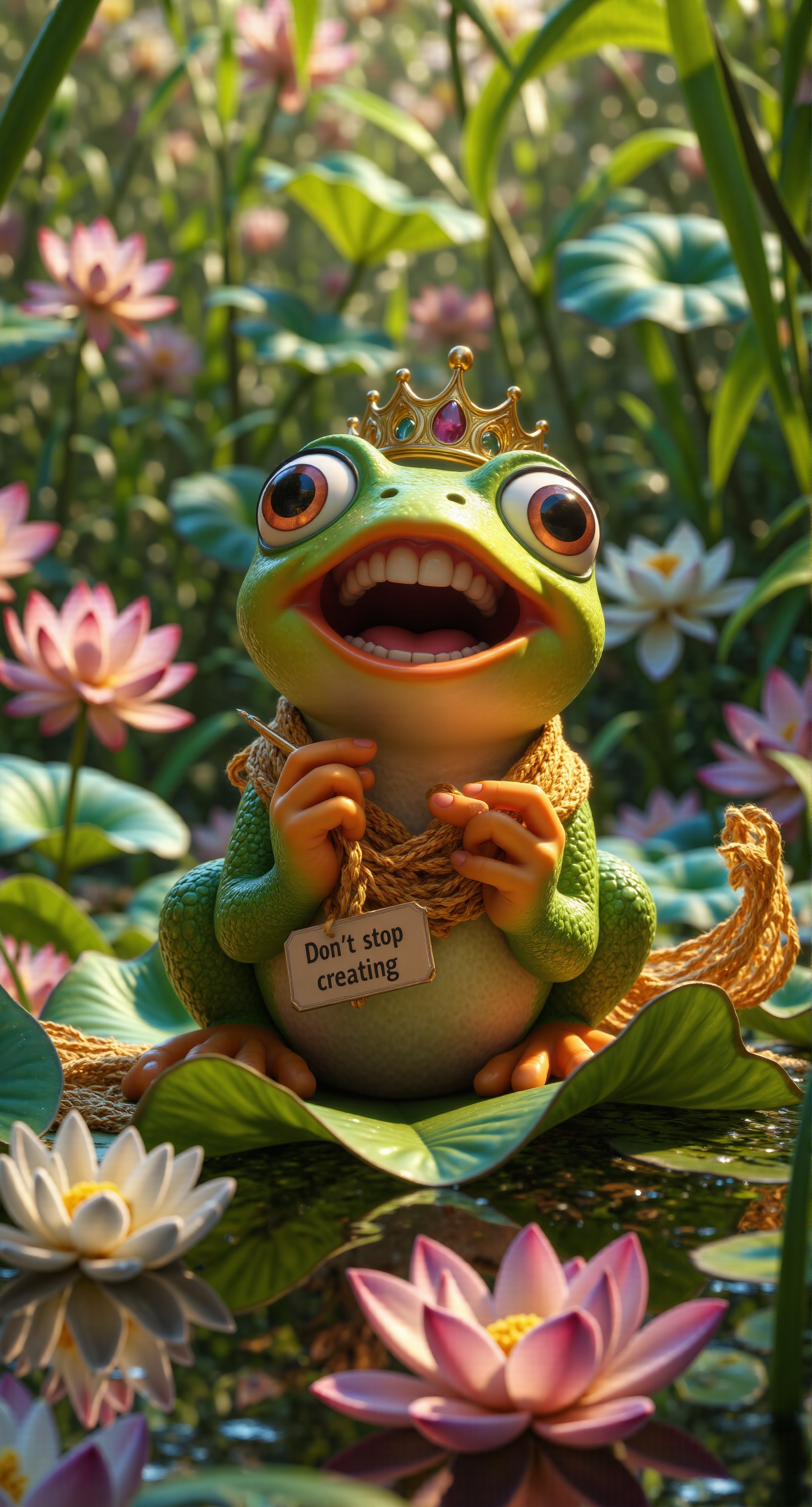 Meme, A 3d cartoon style frog sexy pose on a lotus leaf, knitting a silk scarf with needles and crown. Luxury makeup on her face, The frog's expression is joyful and focused, with its tiny hands carefully working on the scarf. Surrounding it are blooming lotus flowers, adding soft pinks and whites to the vibrant green setting. The scene is whimsical and enchanting, with the frog's scarf growing longer as it knits, creating a charming, magical atmosphere. There is a label on the leaf with the inscription "Don't stop creating" on it.