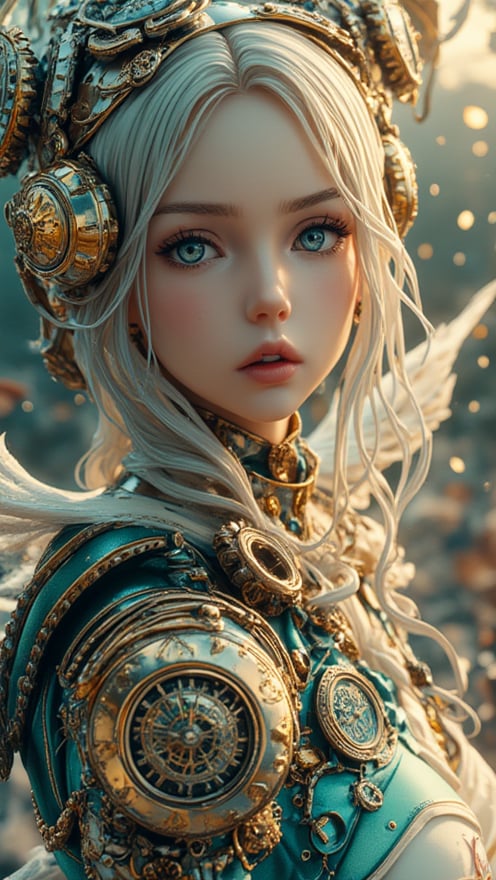 (best quality), (realistic, photo-realistic:1.3), (masterpiece:1.3), CG, unity, 8k, amazing, finely detail, ultra-detailed, highres, absurdres, ((ultra-detailed)), ((highly detailed CG illustration)), ((an extremely delicate and beautiful)), (cute delicate face), cinematic light, cinematic compotision, best shadow, extremely detailed eyes and face, beautiful detailed nose, beautiful detailed hand, beautiful detailed eyes. Extreme full body portrait  A stunning young woman, showcasing delicate facial expressions amidst intricate mechanisms glinting with warm golden light of sunset. Teal and silver accents adorn her robotic body, precision and beauty emanating from porcelain-like skin. Her dress, adorned with tiny clocks, flows down to chain-encrusted shoes shaped like sundials, surrounded by cityscape of gears and girders. Timepieces float around her, suspended in mid-air, adding dreamlike atmosphere to steampunk metropolis.