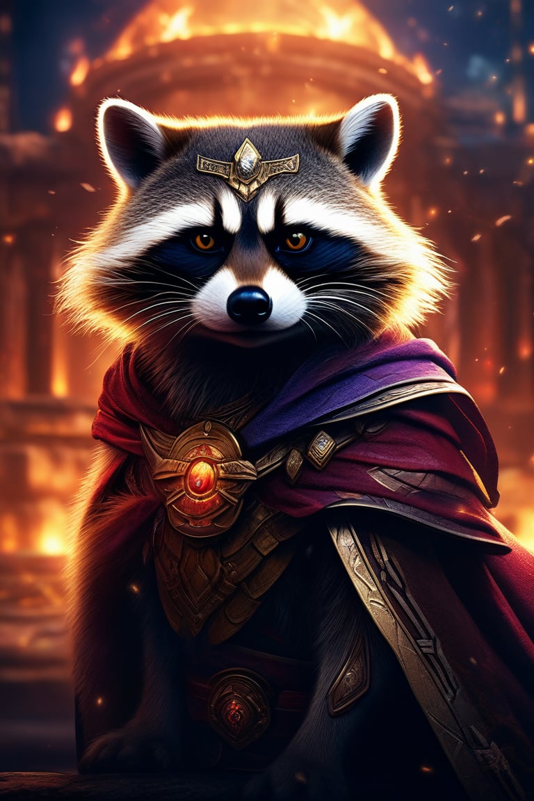 Masterpiece, professional, award-winning, intricate details, ultra high detailed, 64k, dramatic light, volumetric light, dynamic lighting, Movie Aesthetic, action shot, photo real, cinematic moviemaker style. Cute Raccoon anthropomorphism, super hero, amazing epic ancient theme, cinematic, stunning, realising lighting and shading, vivid, vibrant, unreal engine, concept art