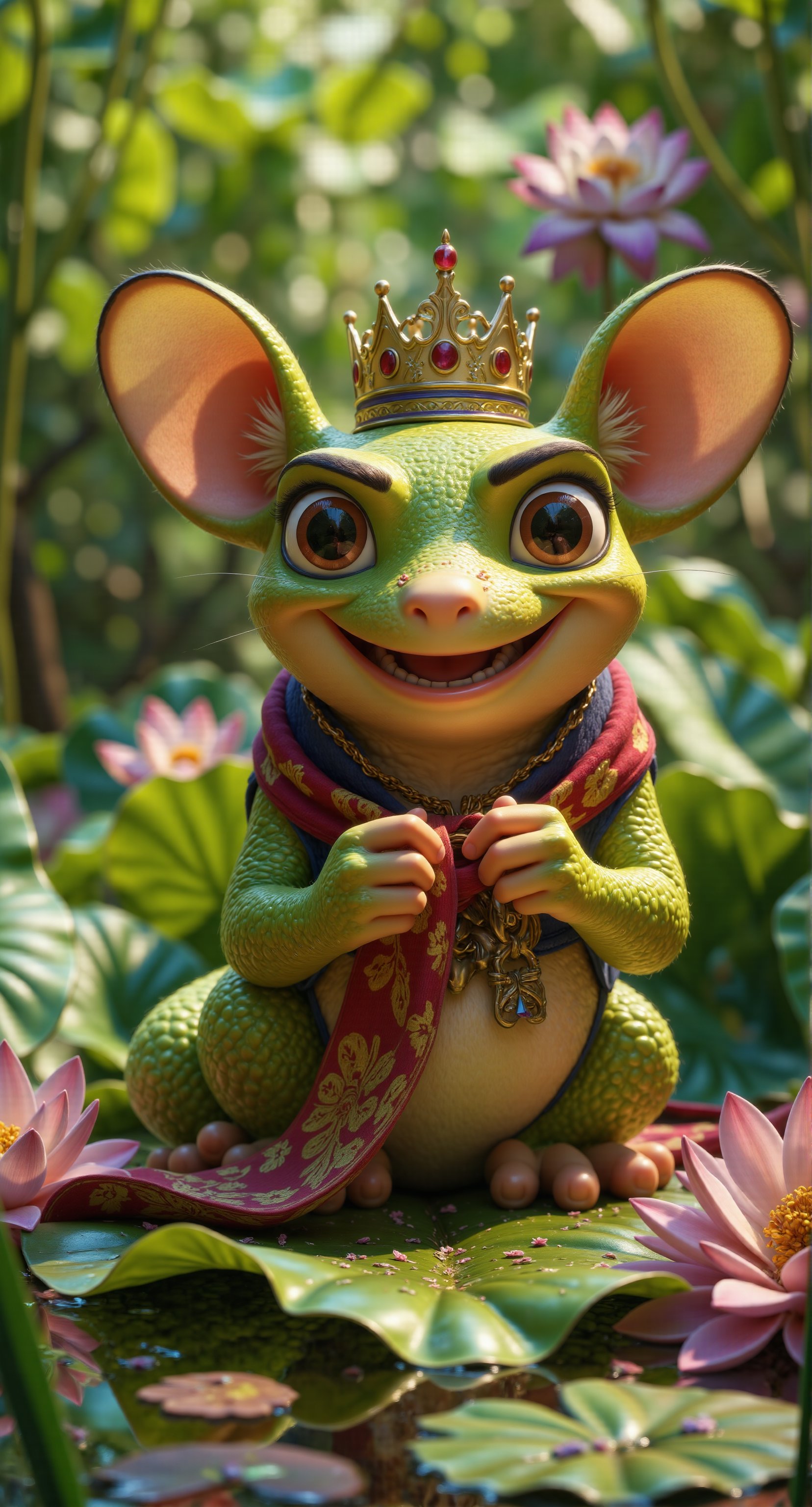 Meme, A 3d cartoon style, mixed frog and mouse posed on a lotus leaf, knitting a silk scarf with needles and crown. Luxury makeup on her face, The frog's expression is joyful and focused, with its tiny hands carefully working on the scarf. Surrounding it are blooming lotus flowers, adding soft pinks and whites to the vibrant green setting. The scene is whimsical and enchanting, with the frog's scarf growing longer as it knits, creating a charming, magical atmosphere. There is a label on the leaf with the inscription "Don't stop creating" on it.