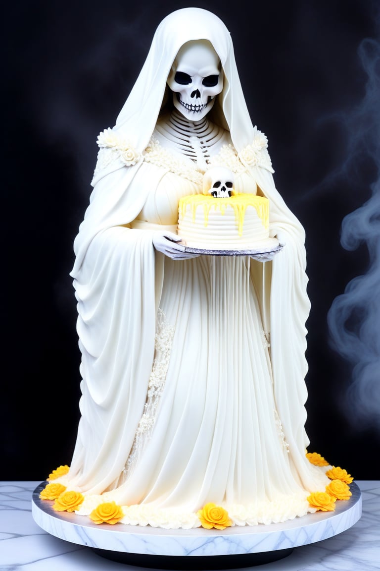 A buttercream cake sculpture full body closeup of a female Pocong with a skull face (the ghostly figure is swathed in a tattered death shroud), her large breasts are visible, its hollow eyes glowing with an otherworldly intensity. Mini figure by Aaron Horkey and Jeremy Mann, figure decorated in elaborate colorful designs,  displayed on a marble counter, there is buttercream frosting with iridescent gloss, sugar flowers, and piping, 
