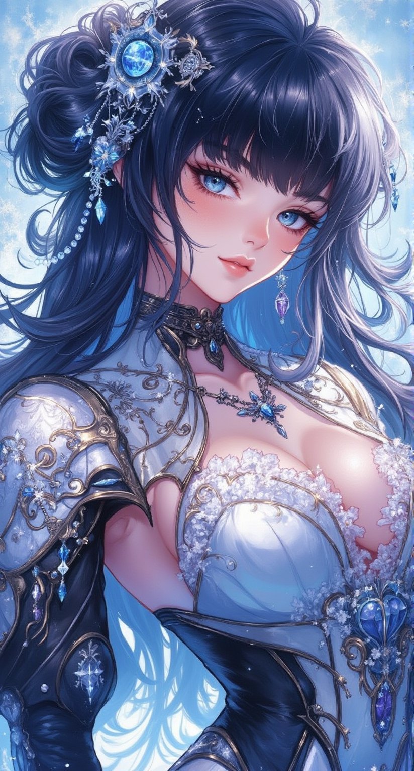 Create an anime-style illustration. Extreme detailed character. Snowflake-haired paladin stands solo, donning crystal armor and flaunting long, luscious locks with subtle bangs framing her face. A sultry smile plays on her lips as she strikes a sexy pose, adorned with hair beads and an elaborate lolita hairband. Her piercing blue eyes seem to sparkle against the rich darkness of her black locks, which cascade down her back like a waterfall. The intricate costume design features a pattern of white lace dress and delicate trims, punctuated by a snowflake-shaped hair ornament dangling from the top knot. Closed lips betray no hint of a smile, while white streaks woven through her multicolored hair add an air of mystique. A choker adorns her neck, complementing the blunt bangs that sweep across her forehead. The overall effect is one of breathtaking beauty and subtle menace, as if she might summon forth a storm at any moment.