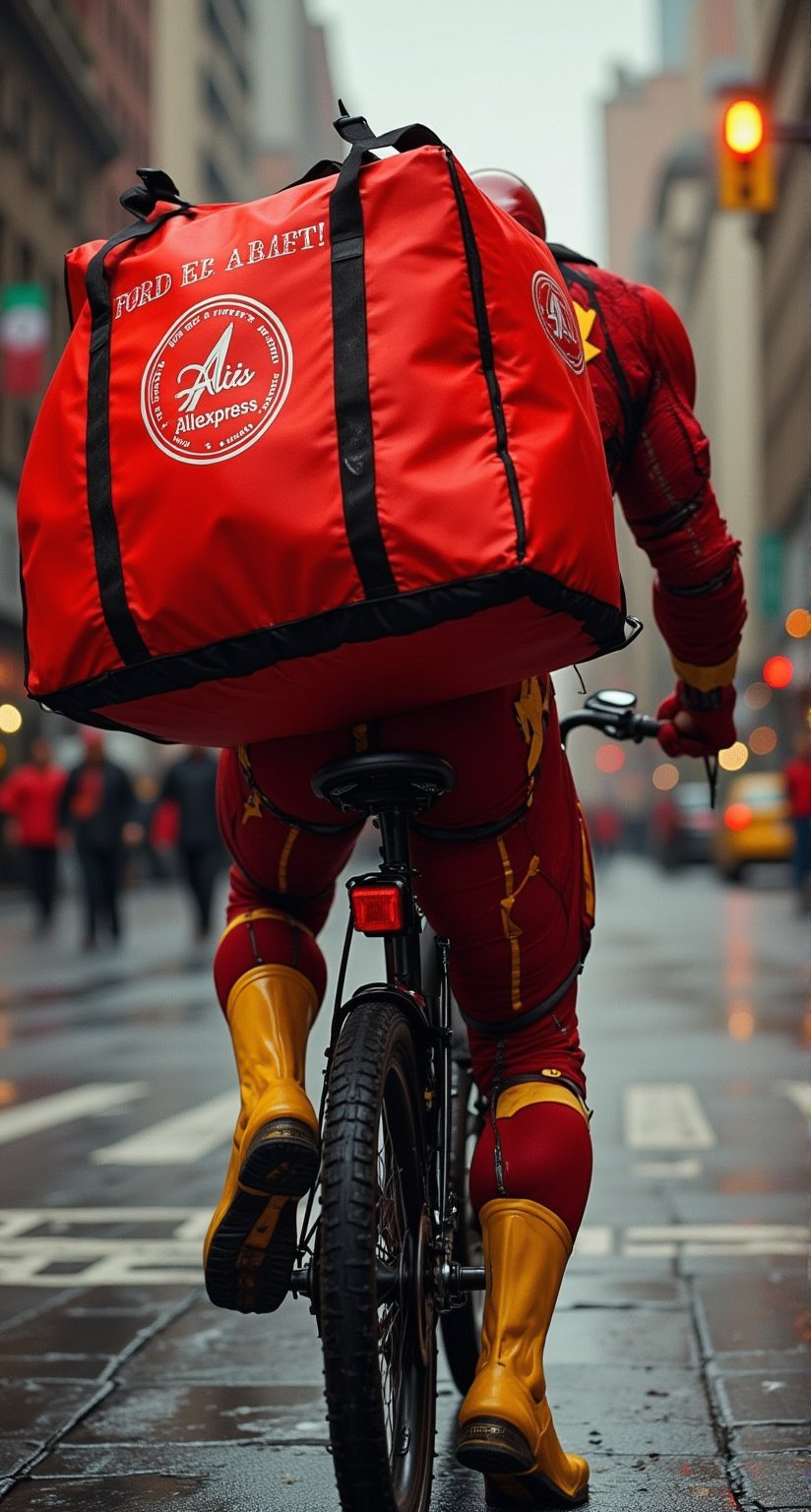 Superhero Flash is riding a bike down the street, on his back he has a large courier bag for food with logo - the inscription "Aliexpress" on it.