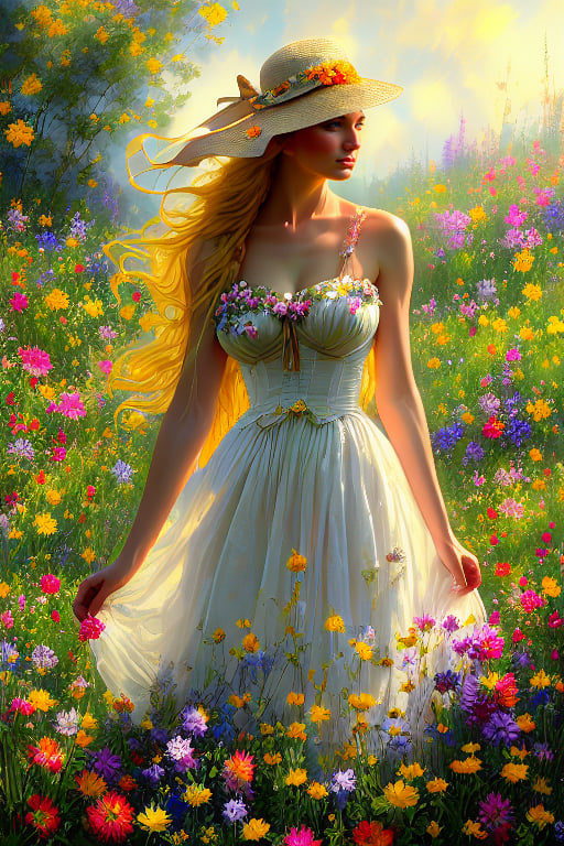 Soft focus captures a serene wildflower meadow as a stunning woman stands tall in the midst of blooming beauty. Her golden locks cascade down her back, tied with a summer hat adorned with a jaunty ribbon. She gazes wistfully into the distance, lost in thought as the warm sunlight casts a gentle glow on her porcelain skin and wildflower-adorned hair. The composition frames her from head to toe, emphasizing her statuesque pose amidst the vibrant flora.