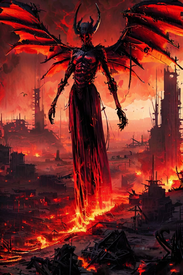 A desolate, crimson-hued alien landscape stretches out before the behemoth survivor succubus, its widespread wings spread wide as it strides across the charred terrain. Flames lick at the ruins of twisted metal and concrete, casting a fiery glow on the succubus's imposing figure. The air is heavy with smoke and ash, a dystopian haze that only adds to the creature's intimidating aura. Giger-esque in its monstrous design, this succubus reigns supreme over the post-apocalyptic wasteland, a symbol of destruction and devastation.