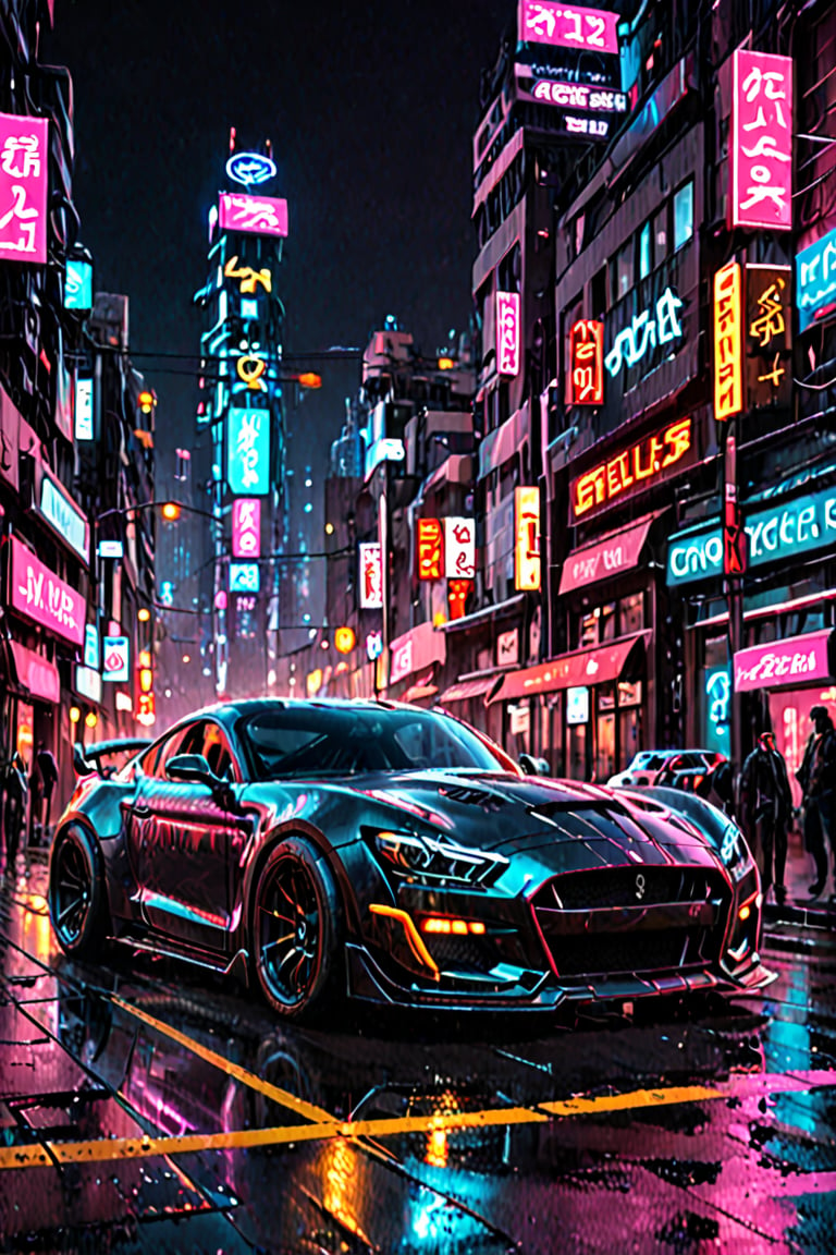 1 car, A Ford Shelby Cobra in cyberpunk style, no humans, cyberpunk neon city, 