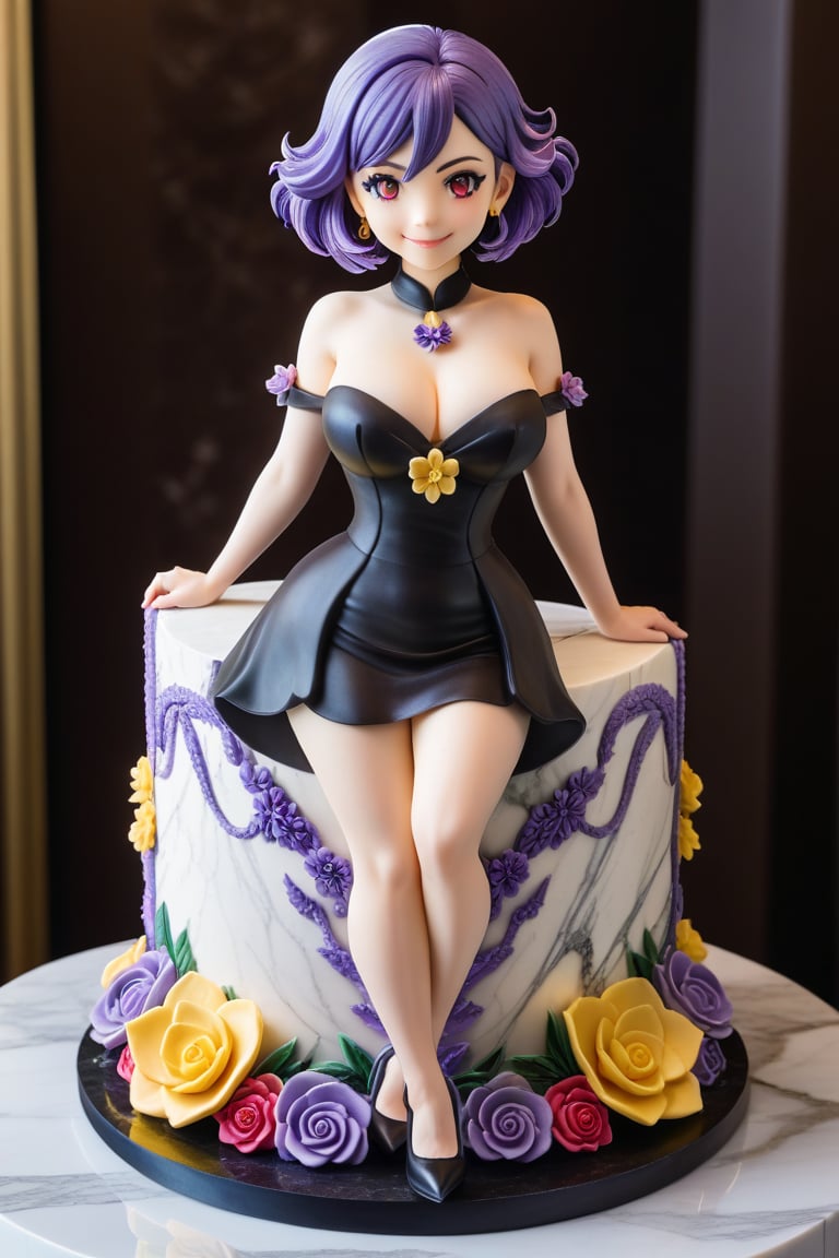 A buttercream cake sculpture full body closeup of a 1girl (mini figure), solo, vermeil \(KINSOU NO VERMEIL\), short hair, purple hair, hair between eyes, ruby eyes, ahoge, big breasts, black dress, bare shoulders, detached collar, cleavage, passion smile. A young demoness, standing sexy pose, with hourglass figure decorated in elaborate colorful designs,  displayed on a marble counter, there is buttercream frosting with iridescent gloss, sugar flowers, and piping, Cake Style 