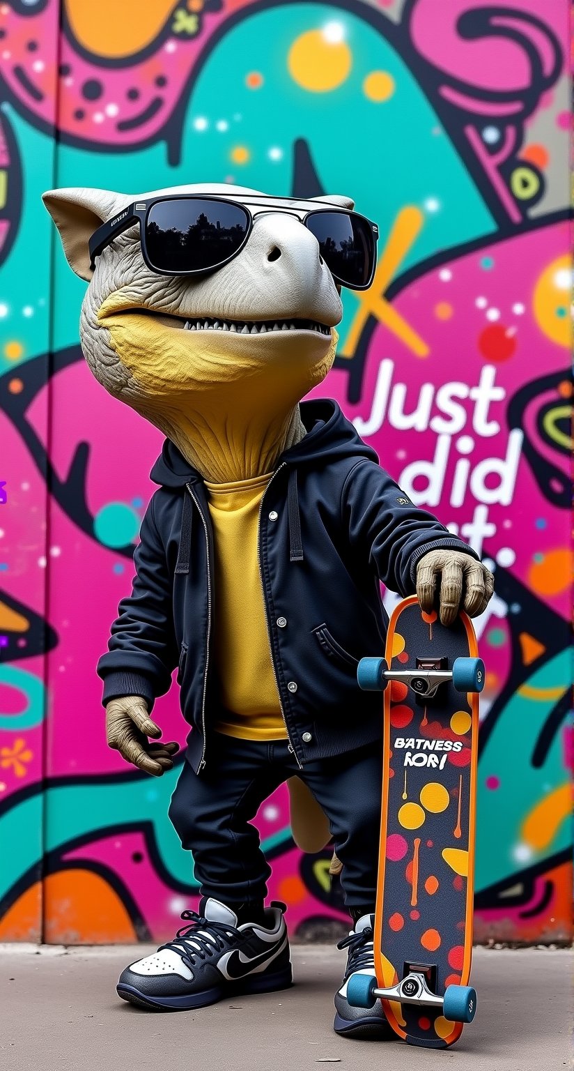 A dynamic graffiti-covered wall sets the vibrant stage for a bold anthropomorphic Raptor (cute, smiling face), kaleidoscope of colors. The prehistoric creature sports a black jacket and sunglasses, holding a skateboard in one hand and wearing Nike sneakers. Its sharp contours stand out against the riotous mix of hues as it proudly poses. In the background, the cheeky phrase Just did it scrawls across the wall in playful street art style, capturing the Raptor's infectious enthusiasm for 2000s hip hop culture.