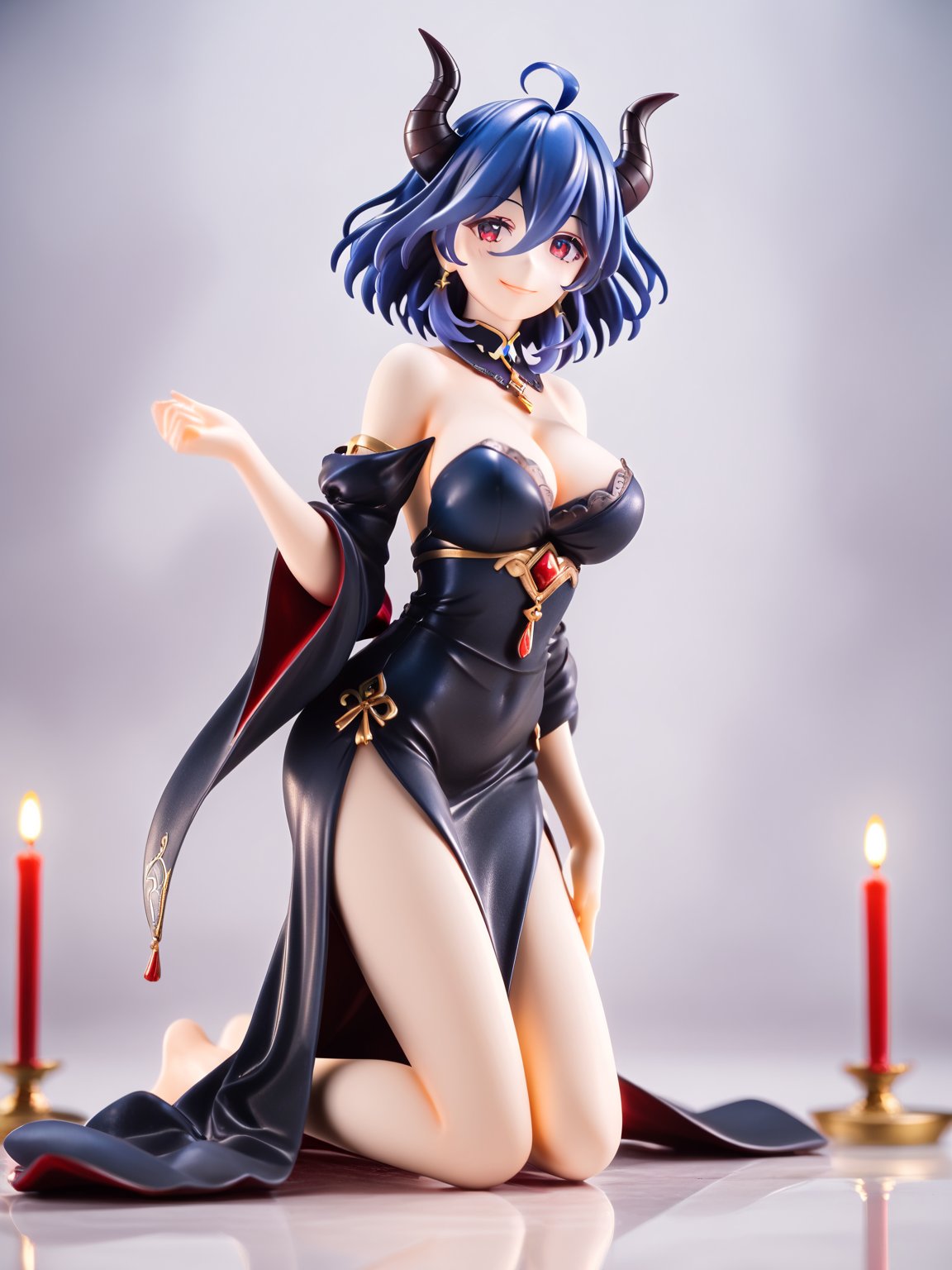 masterpiece, best quality, highres
,//Character, 
1girl, solo, vermeil \(KINSOU NO VERMEIL\), short hair, blue hair, hair between eyes, ruby eyes, horns, ahoge, passion smile, big breasts, full body, long beauty legs
,//Fashion, 
black dress, bare shoulders, detached collar, cleavage,
,//Background, 
,//Others, ,Expressiveh, 
A young priestess kneeling, sexy pose, red candles, detailed background., score_9_up, score_8_up,score_7_up,3D,PVC Style