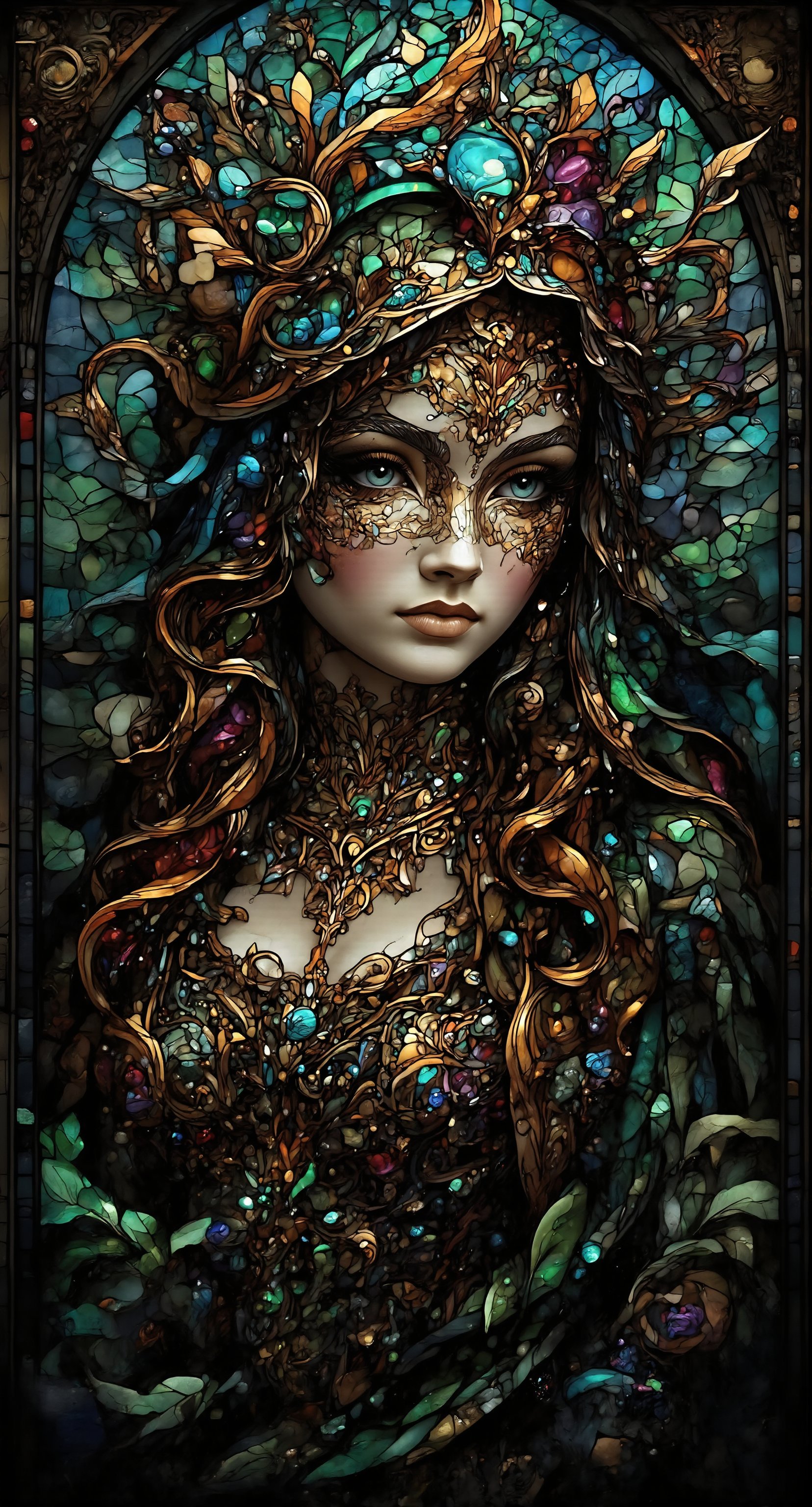 A stunning stained glass artwork featuring a mystifying gothic beauty dons a masquerade mask, her delicate features shrouded in an aura of enchantment. Framing her ethereal visage as she seems to blend with the artistic expression. Mystery and allure, while soft light whispers secrets. The colors are rich and bold, with emeralds, ultramarine, rubys and black color. The millions of mini glass fragments highlight the curves of the beautiful body. The overall effect is one of ethereal beauty.