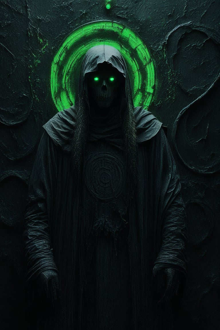 Extreme full body portrait of a Infernal Grim reaper, complex construction, Abstract background with chaotic intersected relief circles pattern over old black stones texture, 12K, HD, hyper detailed in burning hell, (piercing green flame eyes)+, vibrant colors, masterpiece, 12K, UHD, upperbody portrait, depth of field, 12K, HD, ultra high definition,