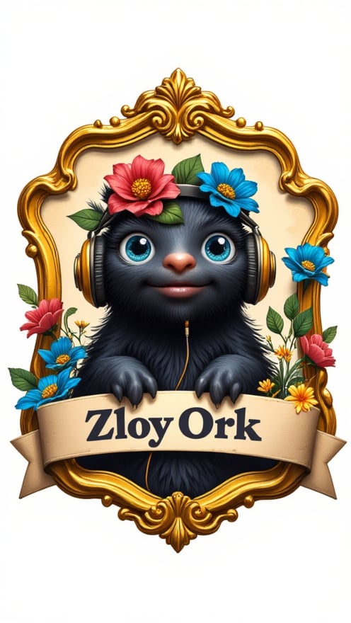 Logo badge. Design a playful and memorable logo that features the silhouette of a cute monster wearing large headphones. The monster should have a friendly expression and be adorned with colorful flowers to emphasize a fun and whimsical vibe. Enclose this design within an elegant golden frame to give it a touch of sophistication. Position the text 'ZloyOrk' in a playful yet stylish font that complements the overall design. The color scheme should prominently feature gold, along with vibrant colors for the flowers to make the logo stand out.