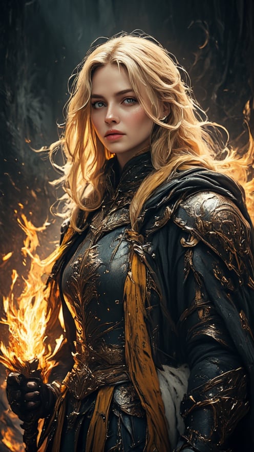 A cinematic portrait of a fearless medieval warrior woman: Amidst foreboding darkness, her determined gaze illuminates the desolate landscape as she strides forward, fire torch ablaze in her steady hand, casting warm golden light on her blonde hair and intricate armor patterns that gleam amidst the misty veil. Her finely detailed face, with beautiful delicate eyes and nose, is the focal point of the image. The cinematic composition features a stunning shadow that accentuates her facial features. Her passionate smile and dynamic pose convey unwavering courage, as hints of malevolent demons lurk in shadows, their dark silhouettes contrasting with the soft idyllic background whispers ancient mysticism.