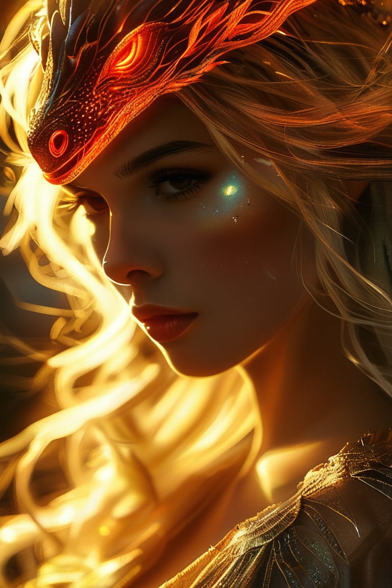 Golden light casts an intimate glow on the woman's piercing gaze, as wispy strands of blond hair dance across her forehead. The delicate threads of her gilded gown seem to be woven into the very fabric of her eye, mirroring the mesmerizing scales of a majestic ruby dragon that appears to be emerging from the shadows.