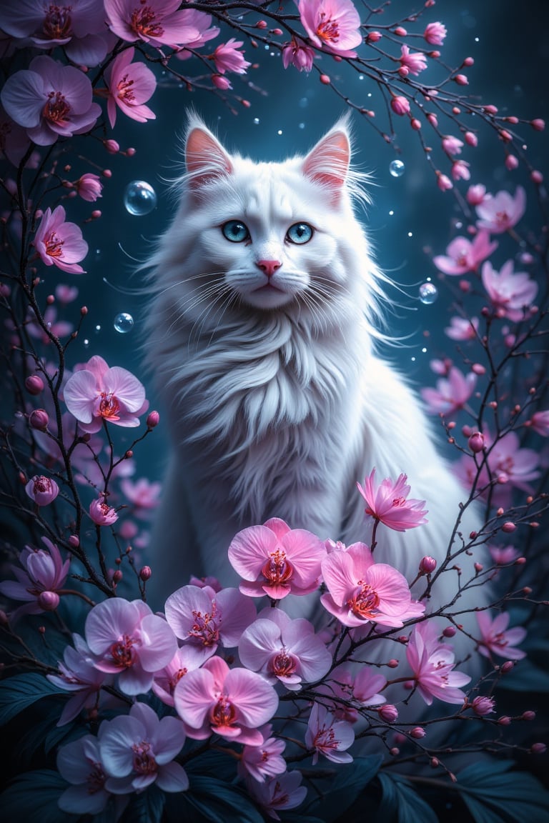 A mesmerizing portrait of a stunning A cute Maine Coon cat with vibrant white hair and magical grey eyes, her full figure radiating confidence as she gazes directly at the viewer from amidst a swirling vortex of inky stars. The air is filled with dynamic movement, as if passion itself has taken physical form, very many beautiful orchids,  pouring forth like ink rain. In the background, delicate bubbles of ink suspend, adding an air of whimsy to this masterfully crafted digital artwork, showcasing the artist's exceptional skill and attention to detail.