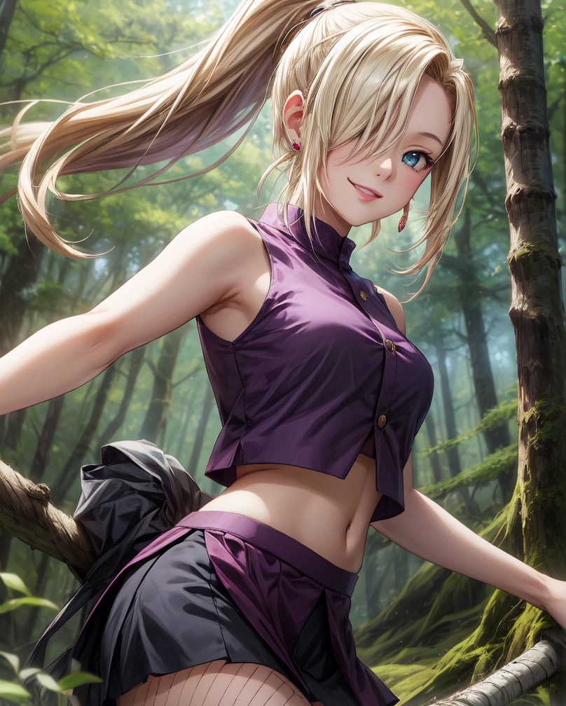 (best quality), masterpiece, 1 anime girl - ino yamanaka, konoha headband, hair over one eye, ponytail, hairclip, crop top, sleeveless, skirt, fishnets, earrings, miriff, cowboy shot view, light smile, old japanese forest, Yamanaka Ino, (8K wallpaper),(beautiful detailed eyes), beautiful, amazing, detailed eyes, (detailed skin)