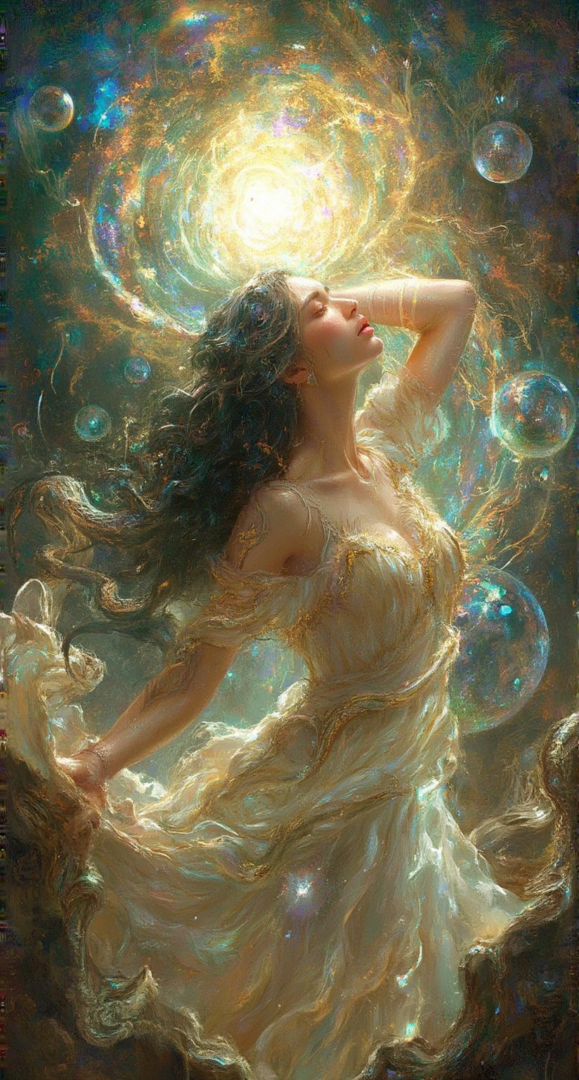 A dreamlike tableau by ZloyOrk: a bewitching sorceress posed amidst a swirling vortex of iridescent mist and gleaming, ethereal orbs. Soft, golden lighting casts an otherworldly glow upon her porcelain skin, while her raven tresses seem to writhe like living serpents. The background, a kaleidoscope of shifting hues, appears to be in perpetual flux, as if reality itself is malleable at her whim.